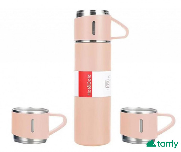 Снимка номер 1 за Подаръчен комплект термос с 3 чаши, зелен, розов, сив